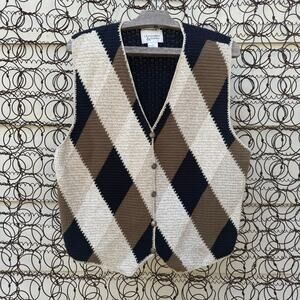 Vintage Grandpacore Neutral Boho Argyle Knit Sweater Vest LARGE Brown Tan Black